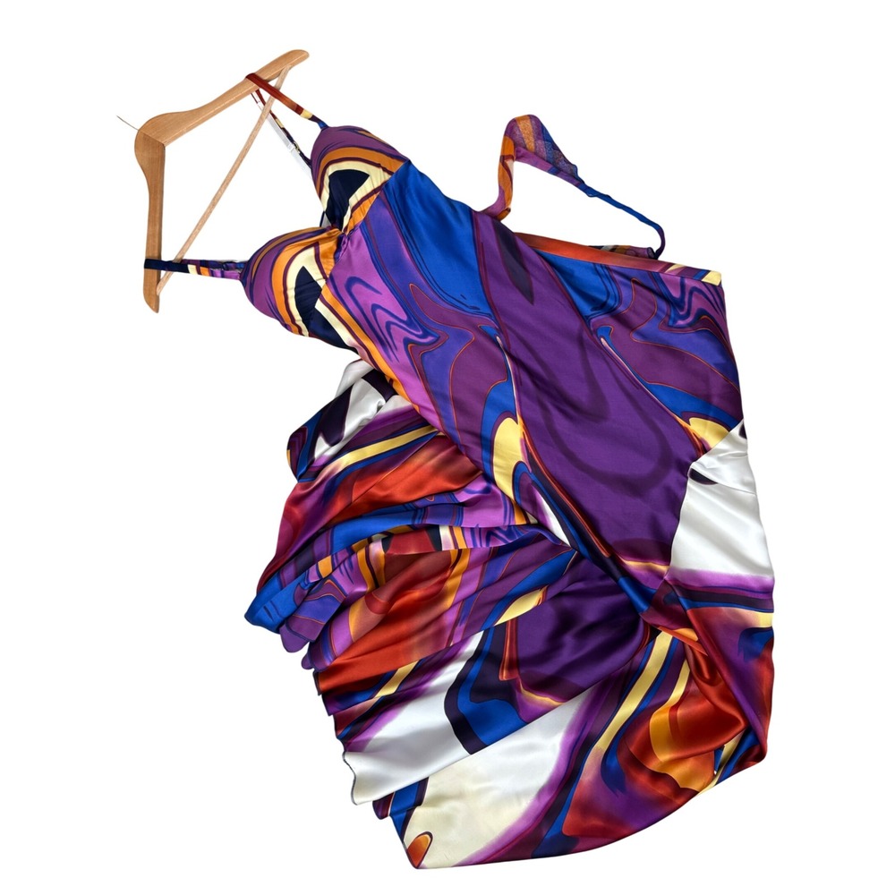 Vintage Caché Silk Abstract Swirl Print Maxi Dress Y2K 2000s Psychedelic 8